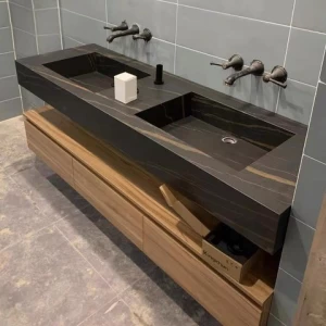 Double Bathroom Sink Ceramic Under Counter Washing Basin Black Gold Marble Sintered Stone Sink Customized Wash Pool Vanity