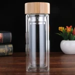 Double Wall Tea cup Bamboo Lid Glass Bottle Stainless Steel Filters Glass Cup