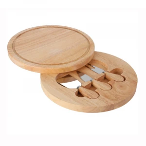 Eco-friendly Round Rubber Wood Cheese Cutting Board Set with hidden drawers