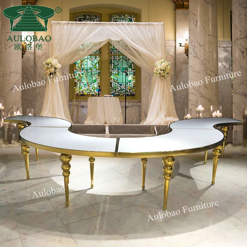 Elegant wedding furniture golden stainless steel frame banquet hall half moon wedding table
