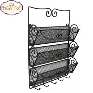 Factory Directly Wall Mount 3 Tier Metal Letter Rack and Magazine Organizer with Key Hooks
