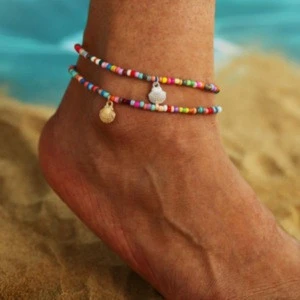 Fashion Creative Bohemian Color Beaded Alloy Scallop Pendant Anklet 1815