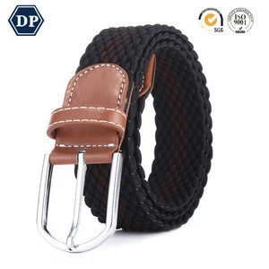 Fashion durable no punch stretch true leather knitted mens braided elastic belt with alloy buckle
