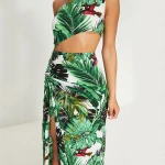 Floral print green tropical one shoulder cut out split leg bohemian maxi dress