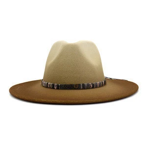 FS Women Men Wide Brim Wool Felt Jazz Fedora Hats Panama Style Cowboy Trilby Party Formal Dress Hat Gradient Color Beige Khaki