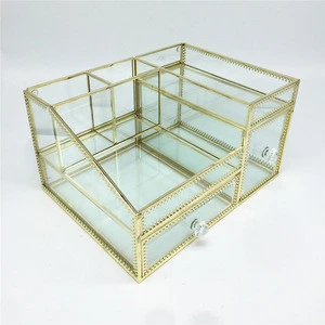 Glass Metal Golden Makeup Tray Cosmetic Organizer with Drawers