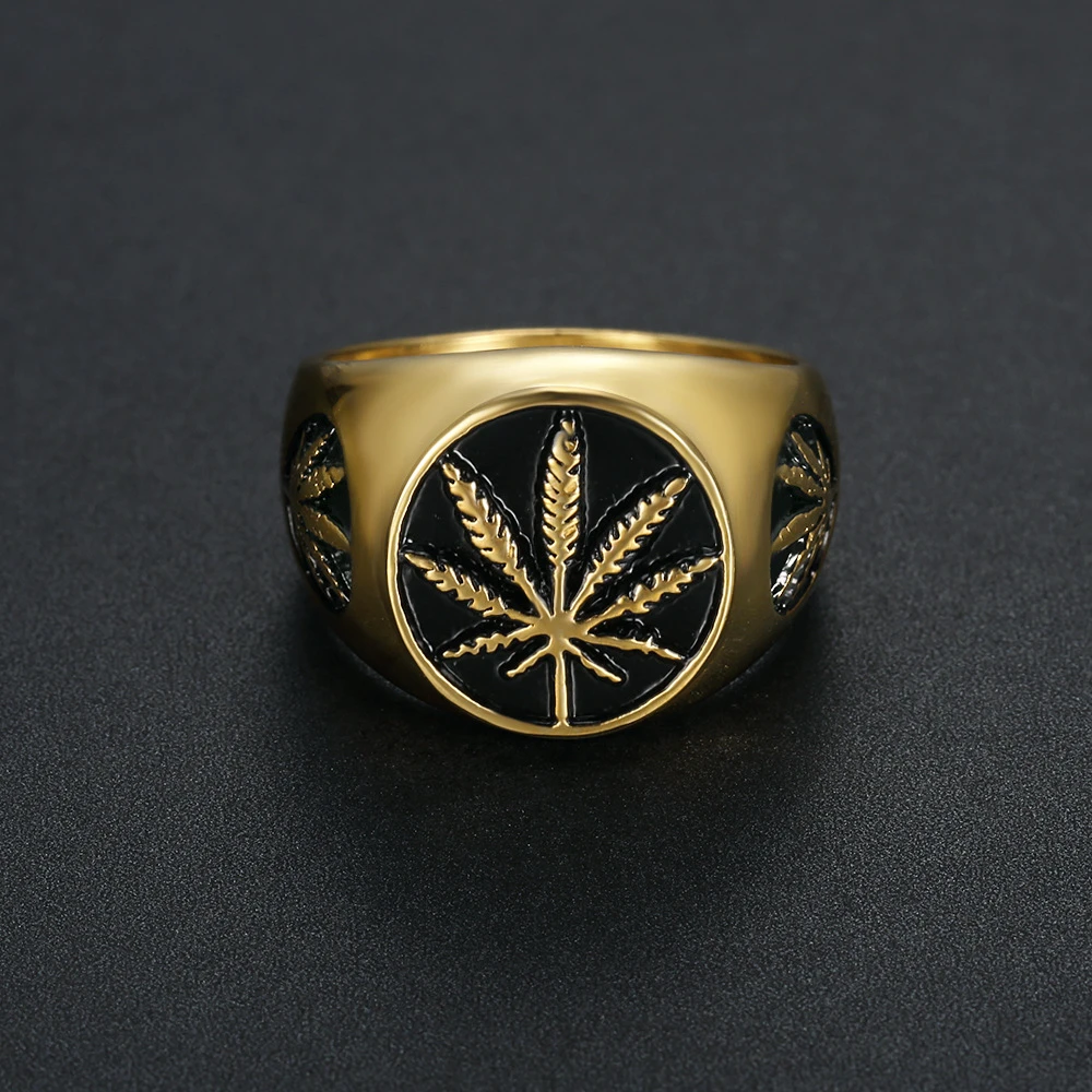 Hip hop 18K gold plated stainless steel mens maple leaf finger ring