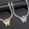 Hip Hop Alloy Necklace Full Diamond Crystal Big Butterfly Pendant Charms Iced Out Cuban Link Chain for Men And Women