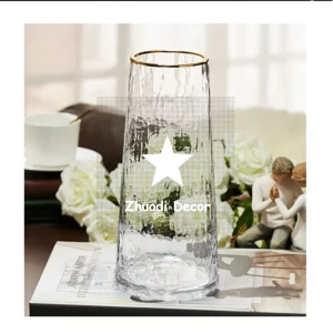 Home wedding decorations wholesale pattern brass ring cylinder glass crystal clear flower vase