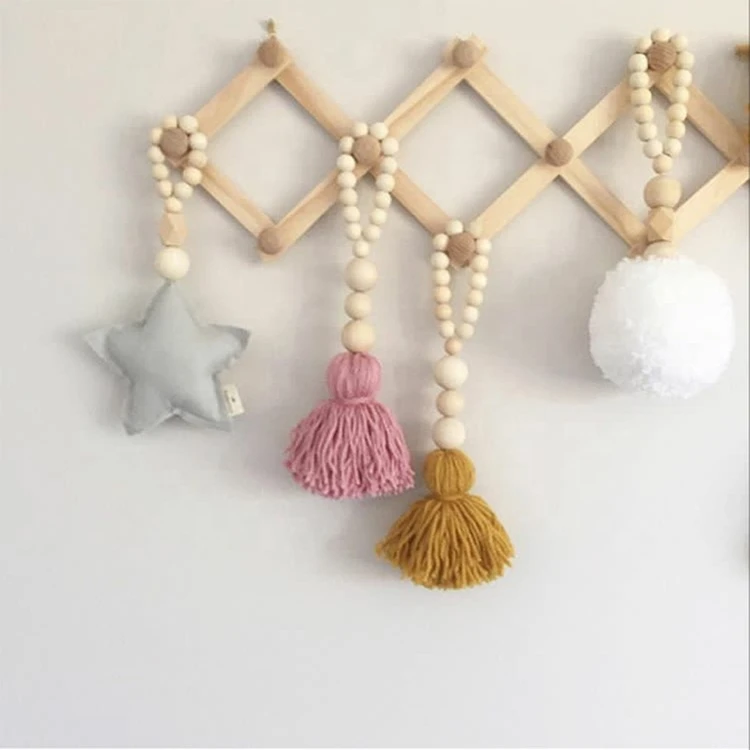 Hot sale decorative wood beads string tassel wall hanging baby room bed curtain decoration