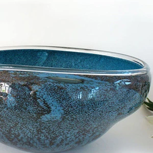 Hot selling high quality navy blue spots small  bowl shape wide mouth  glass vase
