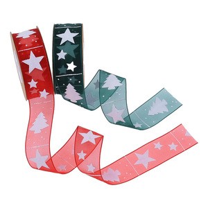 Hot selling stocked organza printing solid color 25mm Christmas tree and stars decorating gift packing Christmas ribbons