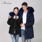Ladies clothing family set clothes black winter cotton jacket, fark blue faux fur inside raccoon collar mens parka coat
