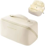 Large Capacity PU Travel Makeup Bag Cream Color Cosmetic Organizer with Handle and Zipper Closure Fashionable Letter Pattern