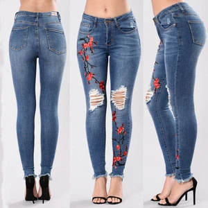 Latest Design Women Embroidery Floral Slimming Denim Legging Jeans