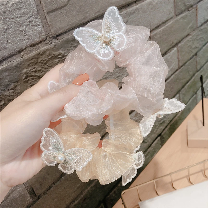 Lovely and elegant butterfly high elastic hair bands pearl lace hair ring rope