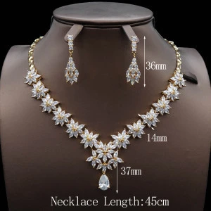 Luxury Fashion crystal CZ zircon flower shape wedding bridal necklace earring jewelry set