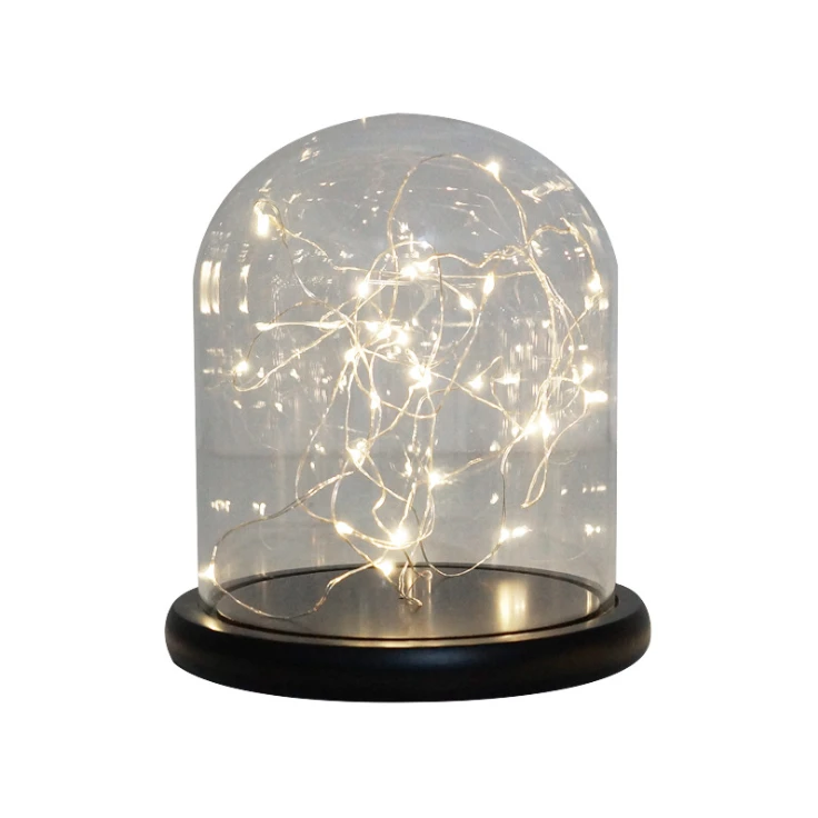 Luxury LED Customize Round Dome Flower Display Decorative Large Size Glass Cover With Wooden Base