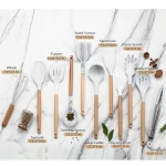 Marble White Silicone cooking Kitchen Utensil Set With Wooden Handle holder Accessories Spatula Turner Ladle cookware