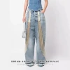 Minority Fashion New hollow out see-through mesh laser rhinestone stitching washed and worn high waist wide leg jeans for women