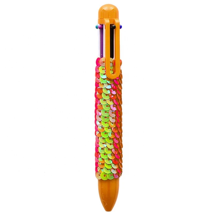 Multi-color 6 In 1 plastic roller ball point pen custom logo Sequin Kids School Office ballpoint pen