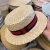 Import Natural 100% Wheat Straw Boater Fedora Top Flat Hat Summer Unisex Beach Flat 5 cm Brim With Red Navy Black Ribbon Hat from China