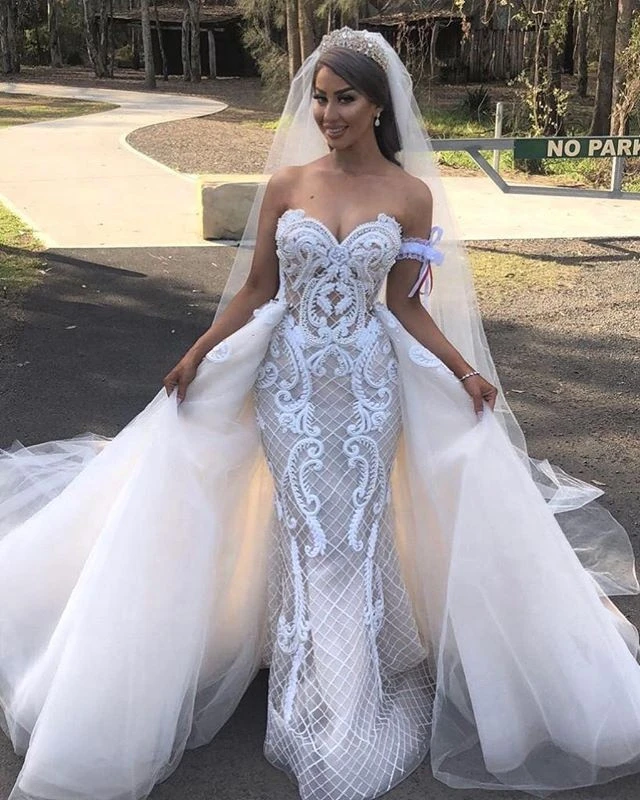 New Arrival Cheap Mermaid Wedding Dresses With Detachable Train Sexy Lace Bridal Gown