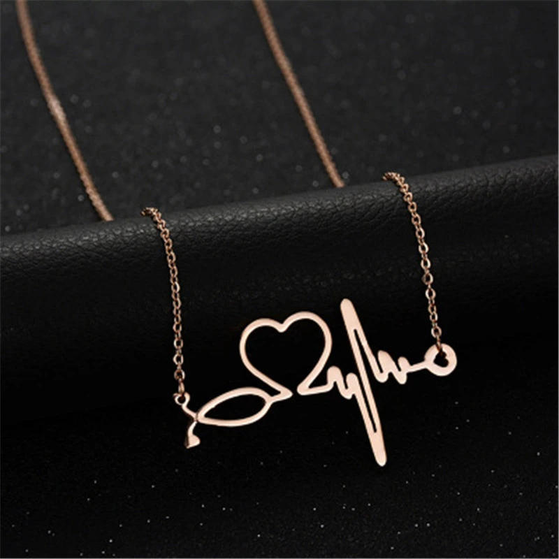 New Fashion Chain Pendants Necklaces For Women Stainless Steel Silver Gold Stethoscope Pendant Heart ECG Heartbeat Necklace