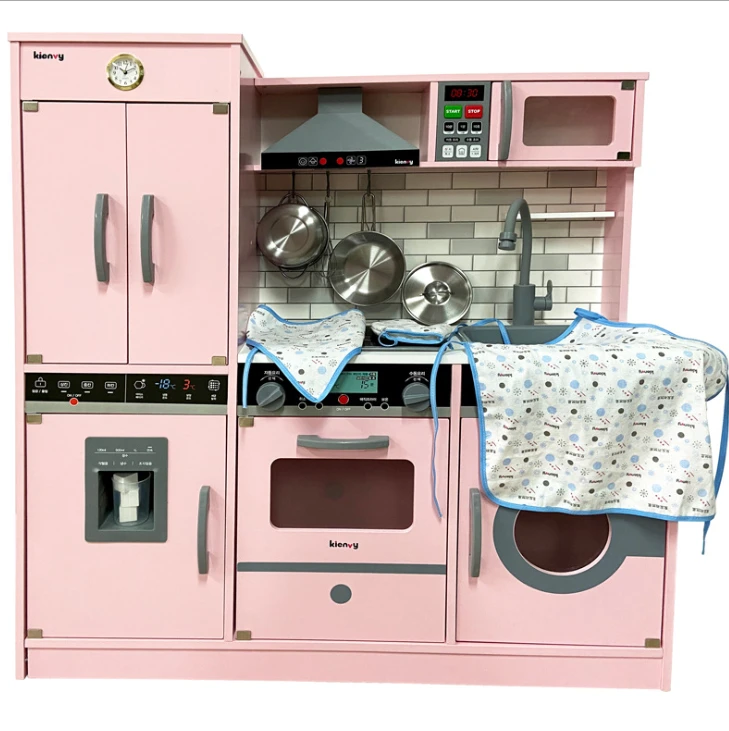 New shape hot sale wooden combined kitchen toys set wooden white refrigerator kitchen toys wooden sound and light kitchen toys