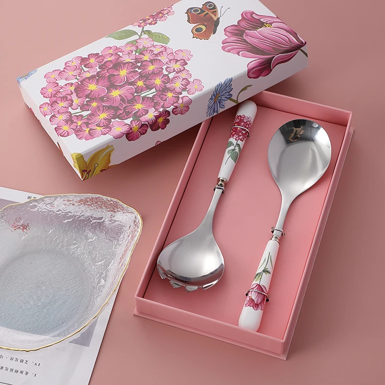Noble gift box 2pcs porcelain handle cutlery set home tableware stainless salad fork spoon set