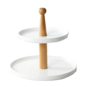 Nordic  3 tier Ceramic  Dessert Serving Tray With Wood Handle Luxury Tableware Fine Porcelain Alates Dinner Accessories