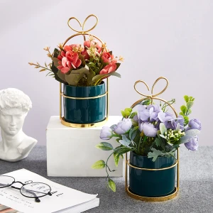 Nordic Style Ceramic flower pot Vase Iron Display Rack Simulation Of Green Plants Artificial flower Combination Home Decoration
