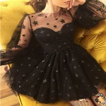 outlet magnificent  homecoming dresses with lace sleeves black lace prom dress, short party dress star dress