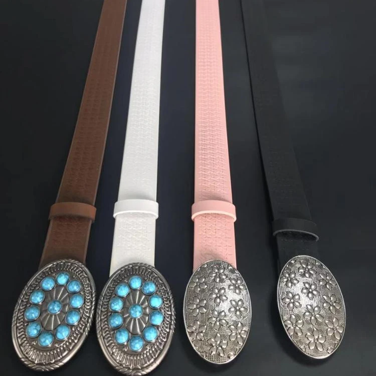Oval Shaped Turquoise Metal Buckle Full Grain Genuine Leather Moroccan Women Belt for Dress Accessory