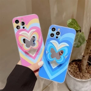 Pink Love Heart Holder Stand soft clear phone case for iPhone 13 11 12 Pro Max XR X XS Max 7 8 Plus Mirror Cute Butterfly Cover