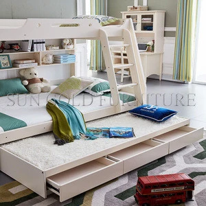 Popular modern white wooden kids bunk bed with storage/ladder(SZ-BFE304)