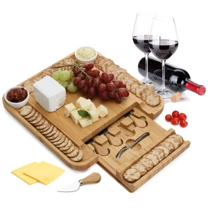 premium custom odm square rectangle large bamboo acacia cheese and bread board platter serving tray and draw fork knife box set