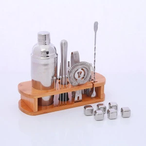 Premium quality stainless Bar Tools Cocktail Shaker Set with bamboo stand