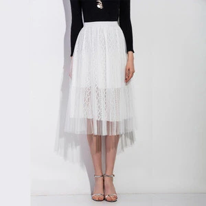 Pretty Steps White Elegant Mesh Pleated Lace Long Ladies Skirt