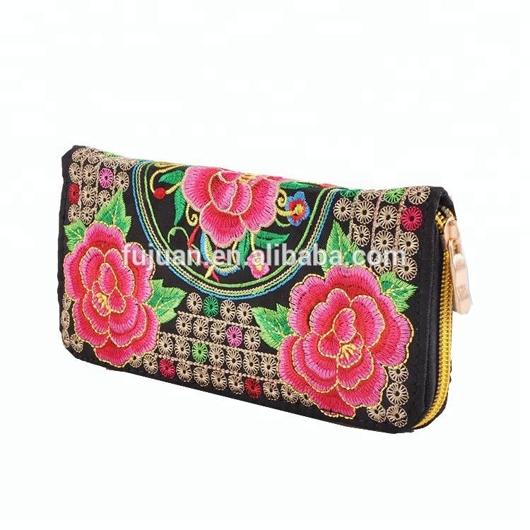 Promotion sale cheap flower personalized canvas national hand embroidered wallets
