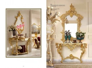 Rococo furniture design living room luxury golden wood console table and mirror set