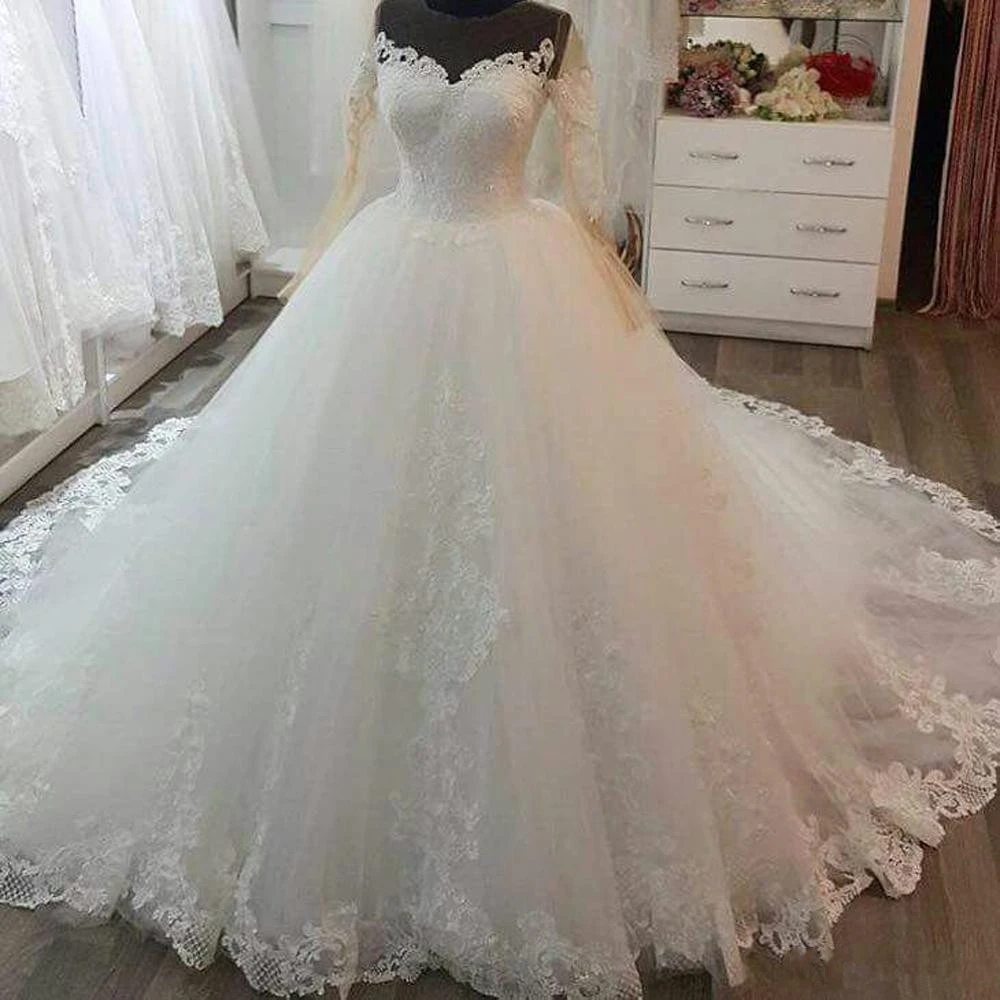 Sheer Long Sleeve Wedding Dresses Sweetheart Appliques Lace Sweep Train Luxury Bridal Gowns Top Fashion
