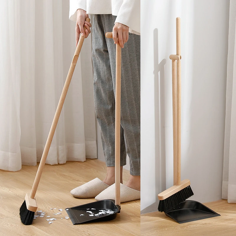 SHIMOYAMA Household Hand Push Long Beech Wooden Stick Handle Broom and Dustpan Set