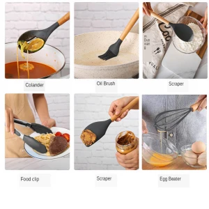 Silicone Kitchen Tools with Wood Handle Soup Spoon Ladle Spaghetti Slotted Turner Basting Brush Cooking Utensils