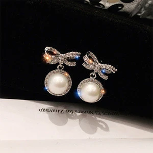 Simple 925 Silver Needle Mini Zircon Bow High-quality Pearl Earrings Butterfly Ring Bow Necklace Female Jewelry Set