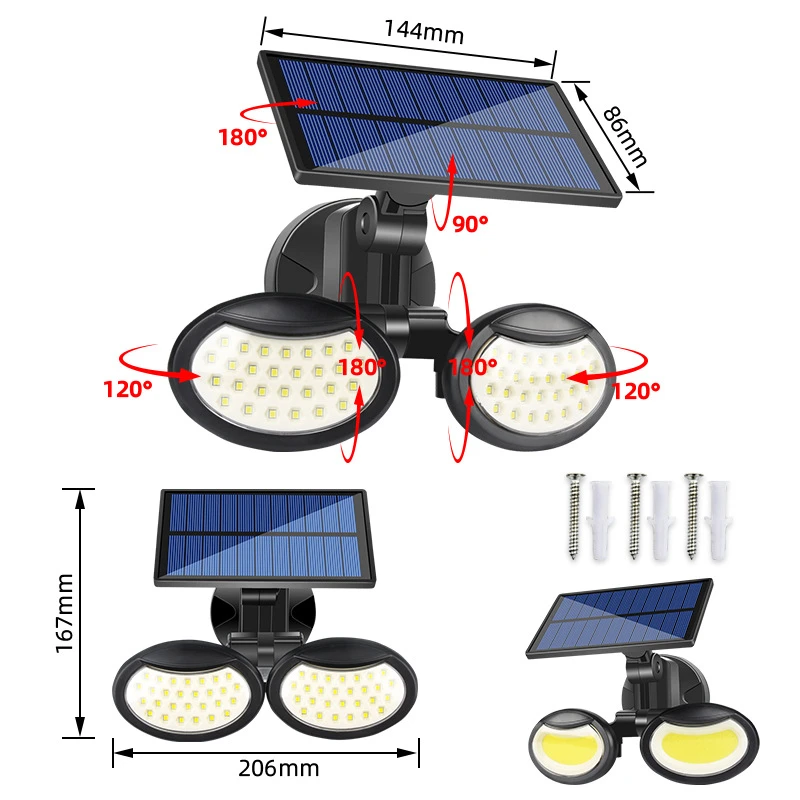 Solar Security Light Motion Sensor Outdoor 56 Led Solar Flood Light Dual Head Spotlights IP65 Waterproof Solar Wall Lights