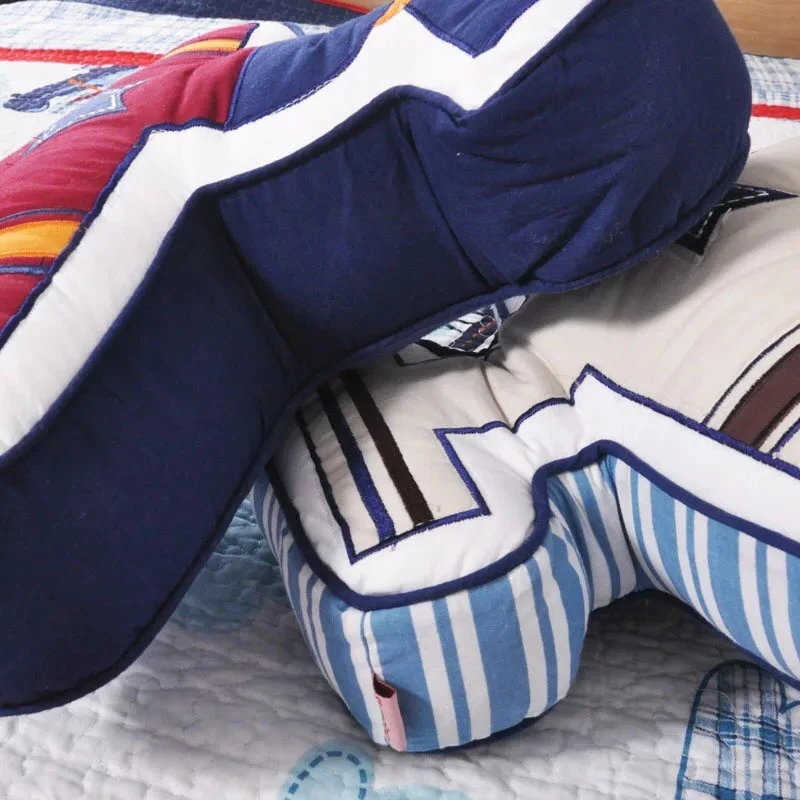Special airplane shape cushion for boy, with nice embroidery patch