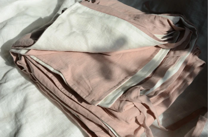 TINO Luxury Stone Washed 100% French linen bed duvet cover Queen Pink and White stitching  Vintage flax linen bedding