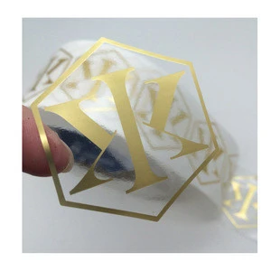 Transparent PET custom shiny gold color logo sticker, logo printed gold foil stamping clear label