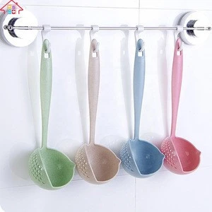 Wheat Straw 2 In 1 Long Handle Kitchen Ladle Soup Pan Spoon With Filter Strainer
